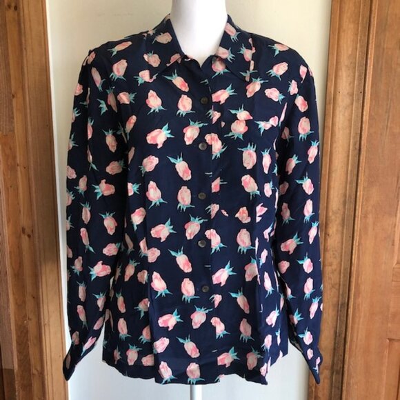 DIOR Silk Navy Pink Rose Long Sleeve Blouse 6 Vintage - Picture 1 of 14